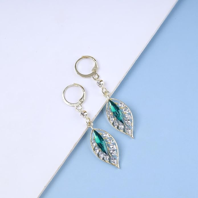 Vintage Emerald Leaf Earrings Rhinestone Leaf Drop Earrings Green Emerald Dangle Earrings Gold Crystal Leaf Hoop Earrings Jewelry for Women-VivaGrace Women