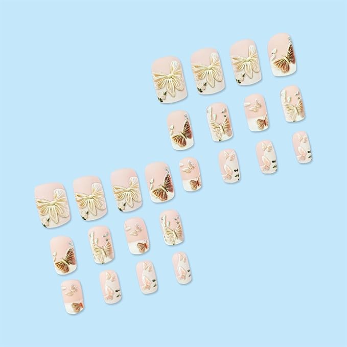 Square Press on Nails Medium Fake Nails White French False Nails with Butterfly Designs Spring Nail Press ons Full Cover Glue on Nails Artificial Nails Cute Stick on Nails for Women 24Pcs