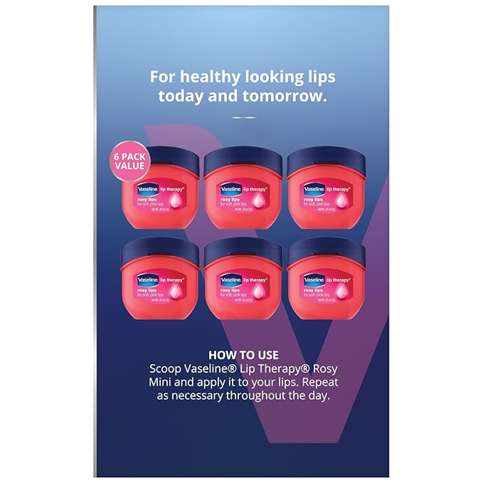 Vaseline Lip Therapy Rosy Lips Mini, Pure Petroleum Jelly, Advanced Moisture, Light Rose Fragrance, Sheer Pink Tint on Lips, Mini Vaseline Petroleum Jelly, Soft Vaseline Lips (Pack of 6-0.25 Oz Ea)-VivaGrace Women