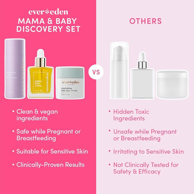 Evereden Mama & Baby Discovery Set - Dermatologist-Developed Clean & Vegan Maternity Skin Care Bundle - Stretch Mark Cream, Belly Serum, & Nourishing Baby Face Cream - Postpartum Gifts for New Mom-VivaGrace Women