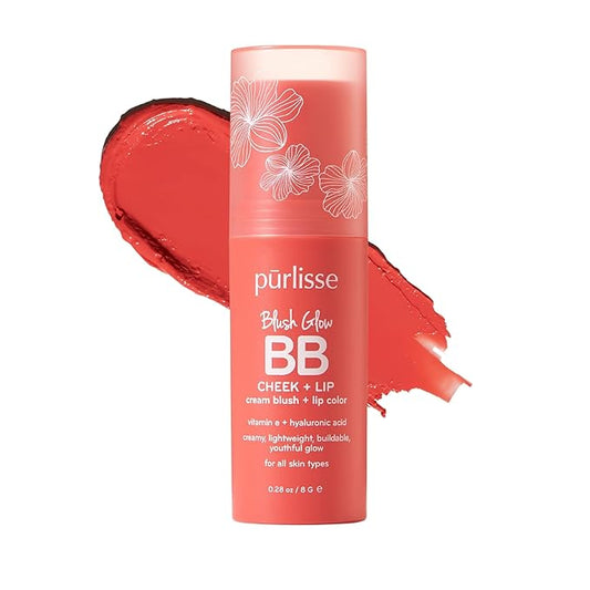 pürlisse Blush Glow Lip and Cheek Tint - Blush Stick for Cheeks and Lips with Vitamin E & Hyaluronic Acid - Hydrating & Buildable 2-in-1 Cream Blush Stick - Summer Coral ( .28 oz)-VivaGrace Women