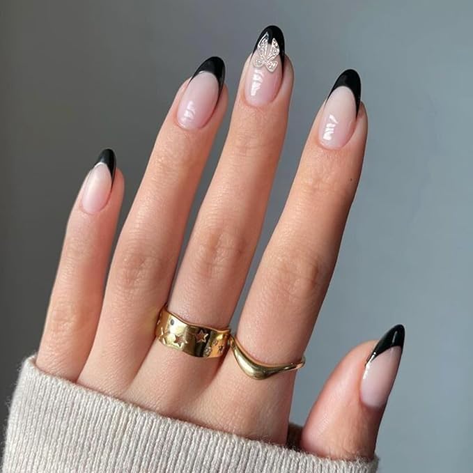 Almond Press on Nails Medium French Tip Fake Nails with Bow Designs Glossy Black Stick on Nails Cute Pearl Glue on Acrylic Nails for Women and Girls