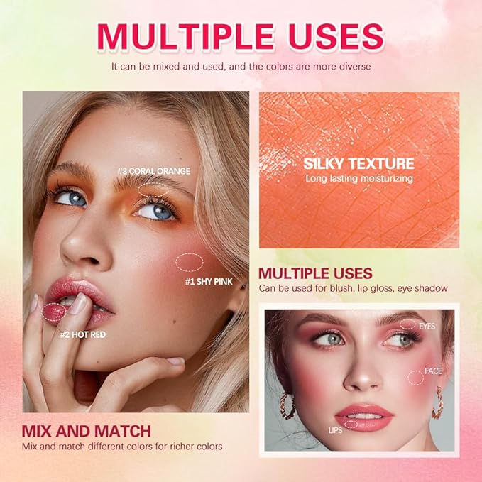 Blush Stick Matte Finish Waterproof Long Lasting Pink Red Cheek Lip Make-up Multi Lip Tint Stick Highlighter High Pigment Rouge Blush for Women Lady Daily Lip Cheek Makeup (2#hot red)-VivaGrace Women