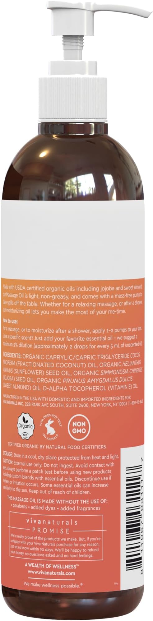 Viva Naturals Organic Massage Oil Unscented (8 fl. oz.) - Non-Greasy Body Oil with Mess-Free Pump, Moisturizing Massage Oils for Massage Therapy, Non-GMO and Certified Organic, 237 mL-VivaGrace Women
