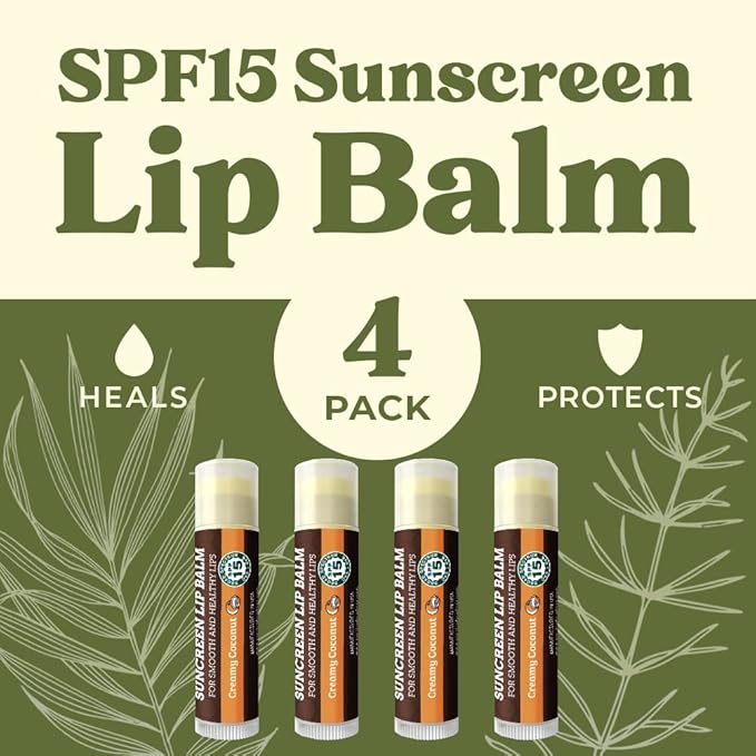 SPF Lip Balm 4-Pack by Earth's Daughter - Lip Sunscreen, SPF 15, Organic Ingredients, Coconut Flavor, Beeswax, Coconut Oil, Vitamin E - Hypoallergenic, Paraben Free, Gluten Free, New-VivaGrace Women