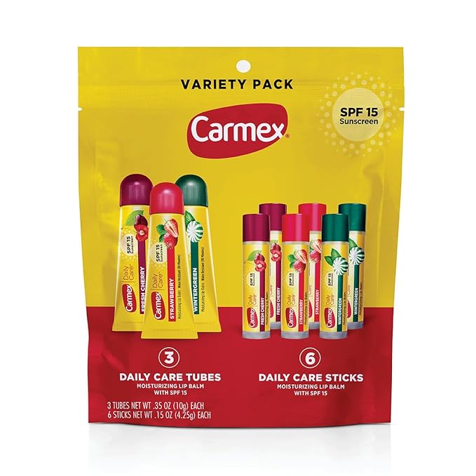 Carmex Daily Care Moisturizing Lip Balm Pack, SPF 15, Multi-Flavor Lip Care Variety Pack Bag, 9 Count (3 Tubes, 6 Sticks)-VivaGrace Women