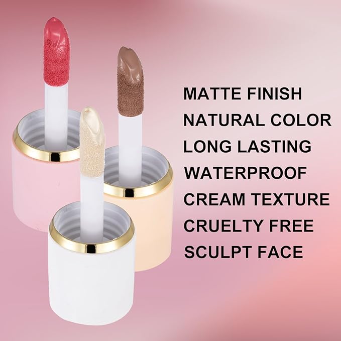 3Pcs Liquid Contour Makeup Trio with Bronzer Shade, Blush, Highlighter for Sculpted Makeup, Matte Finish Liquid Contour Set Easy to Create a Lightweight Look, Longwear Waterproof Formula (4, 7, 12)-VivaGrace Women