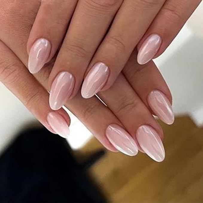 Nude Fake Nails Short Almond Press on Nails with Cat Eye Designs Pearlescent Glue on Acrylic Nails Glossy Full Cover False Nails for Women and Girls