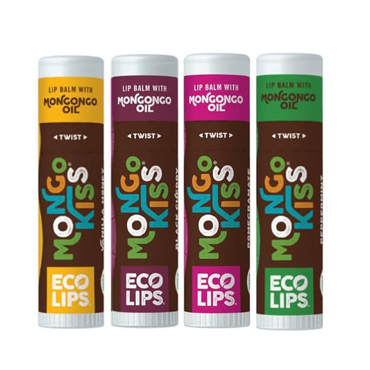 Eco Lips Mongo Kiss Organic Lip Balm 4 Pack Peppermint, Pomegranate, Vanilla Honey, Black Cherry - 100 Percent USDA Organic - Soothe, Moisturize Dry, Cracked and Chapped Lips - Made in USA-VivaGrace Women