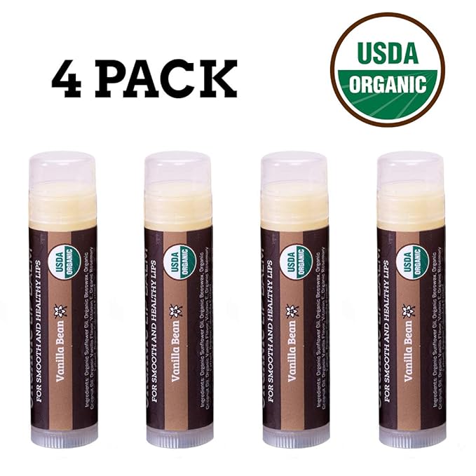 USDA Organic Lip Balm 4-Pack by Earth's Daughter - Vanilla Flavor, Beeswax, Coconut Oil, Vitamin E - Best Lip Repair Chapstick for Dry Cracked Lips.-VivaGrace Women