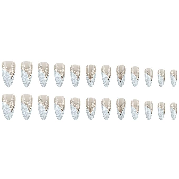 Almond Press on Nails White French Tip Fake Nails Medium False Nails with Silver Glitter Designs Almond Nail Press ons Nude Full Cover Glue on Nails Cute Stick on Nails for Women 24Pcs