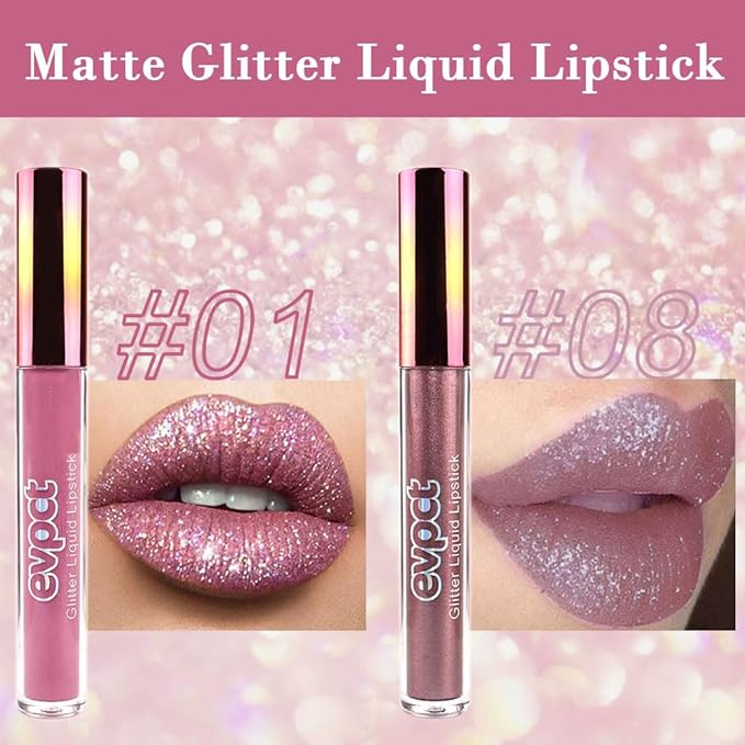 evpct 2Pcs Mauve & Taupe Mauve Glitter Metallic Shimmer Diamond Lipstick Lip Gloss Stain Set for Women Long Lasting Waterproof, Purple Sparkle Glitter Matte long Wear Liquid Lipstick Lip Makeup Kit-VivaGrace Women