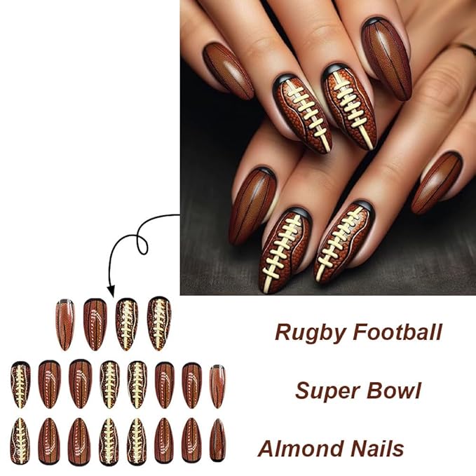 Baseball Press on Nails Medium Almond Fake Nails Brown False Nails with Rugby Design Glossy Spring Nails Coffee Summer Fall Nails Reusable Acrylic Nails Press on for Women Girls Manicure 24pcs