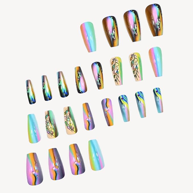 Coffin Press on Nails Medium Length Fake Nails Sparkly False Nails with Designs Colorful Artificial Nails Glossy Glue on Nails Cute Stick on Nails for Women 24Pcs