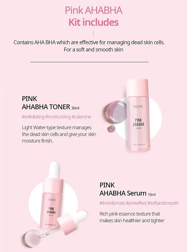 Nacific Pink AHA BHA Kit (Cleansing Foam, Toner, Serum, Cream) Travel Size Skin Care Set-VivaGrace Women