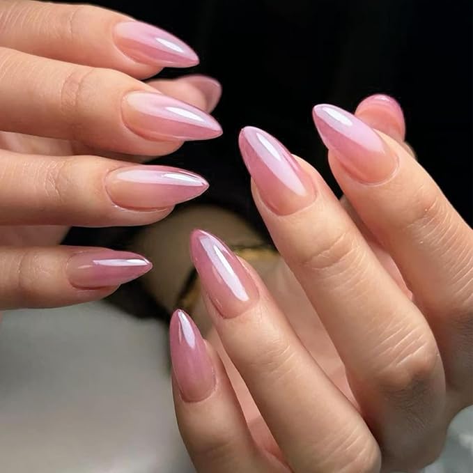 Ombre Pink Chrome Press on Nails Almond Medium Fake Nails with Mirror Designs Glossy Glue on Acrylic False Nails for Women and Girls