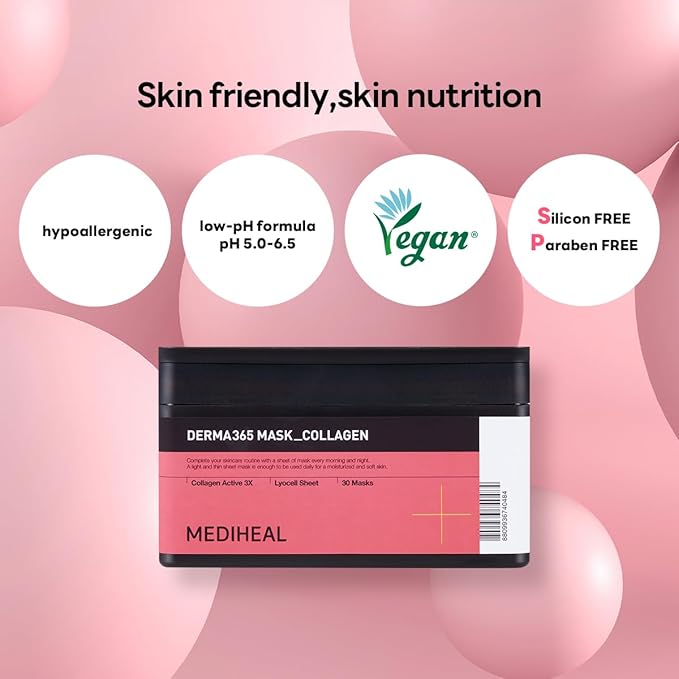 Mediheal Derma 365 Collagen Mask (30 Masks) - Daily Skin Care Mask for Firm Moisturizing to Lift Skin with Collagen Active 3X-VivaGrace Women