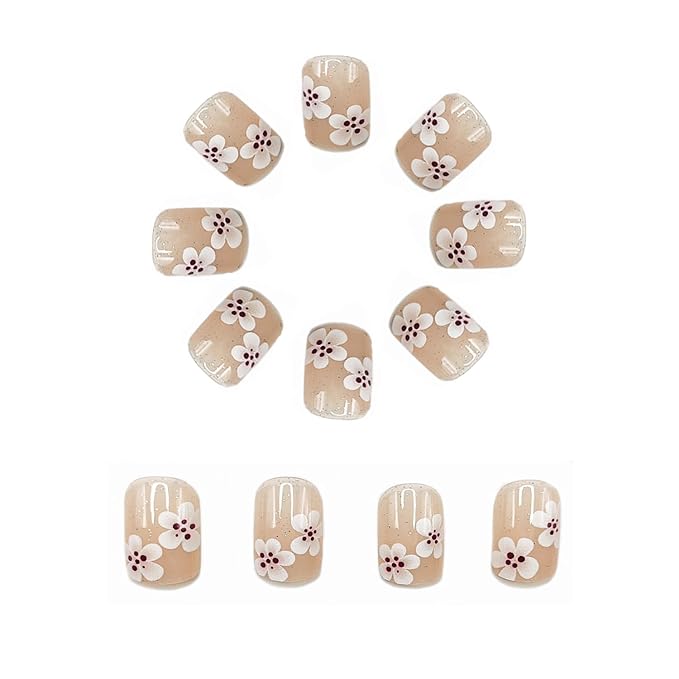 24 Pcs Flower Press on Nails Short Square Shaped Fake Nails Spring False Nails with White Gradient Floral Designs Glitter Acrylic Nails Full Cover Sprakly Stick on Nails for Women Nail Art Manicure
