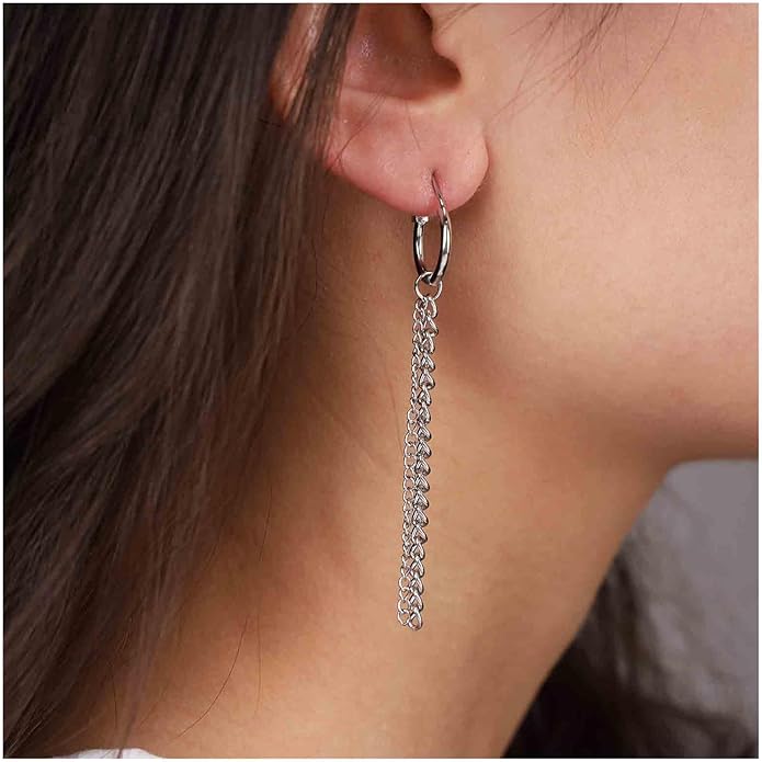 Vintage Layered Chain Dangle Earrings Long Chain Hoop Huggie Earrings Silver Curb Chain Stud Earrings Tassel Chain Drop Earrings Jewelry for Women-VivaGrace Women