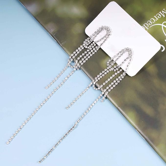Rhinestone Tassel Ear Jacket Earrings Long Rhinestone Chain Earrings Silver Crystal Tassel Earrings Vintage Chandelier Chain Earrings Luxury Statement Earrings Jewelry for Women and Girls Gifts-VivaGrace Women