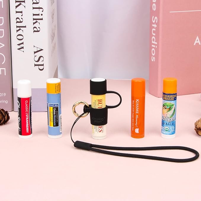 Desing Wish 2 PCS Silicone Lip Balm Holder with Cap Cover Portable Chapstick Holder Keychain Sleeve Lip Balm Key Chain with Key Ring and Wrist Strap Lanyard - Black-VivaGrace Women