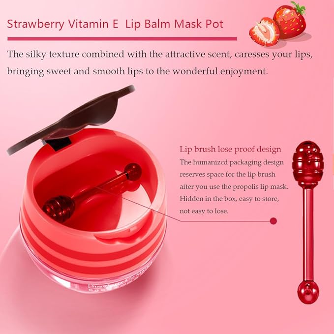 2PCS Strawberry Pot Lip Balm with Brush,Lip Exfoliating Balm Sleeping Lip Mask,Hydrating Prevention Dry and Cracked Lip Scrubs Exfoliato Lip Sleeping Mask Reduces Lip Lines Lip Care Products-VivaGrace Women