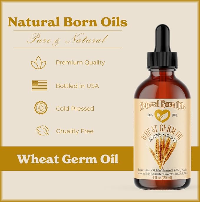 Natural Born Oils Wheat Germ Oil. 4oz. 100% Pure, Natural, Organic, Cold-pressed, Unrefined, Rejuvenating, Rich in Vitamin E. Moisturizer for Skin Hair-VivaGrace Women
