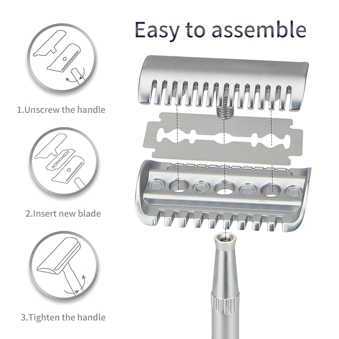 Matte Silver Double Edge Safety Razor, Single Blade Razors for Men and Women, with 10 Stainless Steel Safety Razor Blades, Reusable, Smooth and Close Wet Shaving Kit, Plastic Free-VivaGrace Women