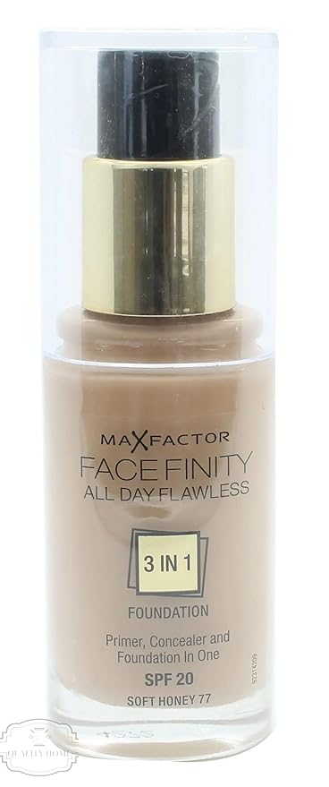 Max Factor Face-Finity All Day Flawless 3 In 1 SPF 20 Foundation Makeup for Women, No. 77 Soft Honey, 30ml-VivaGrace Women