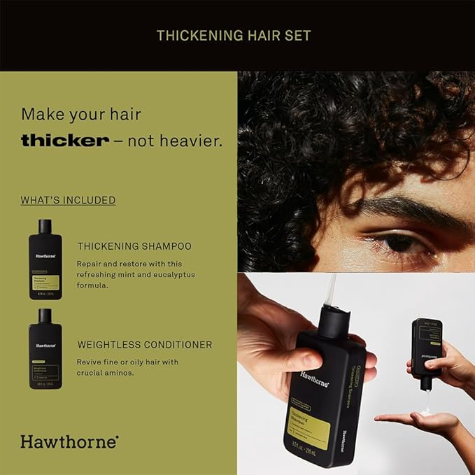 Hawthorne Men's Thickening Shampoo and Conditioner Hair Set. Includes Thickening Shampoo and Weightless Conditioner. Sulfate Free, Paraben Free. 8 Fl Oz Each.-VivaGrace Women