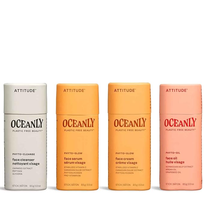 ATTITUDE Oceanly Radiant Skin Daily Facial Care Routine Box Set, EWG Verified, Plastic-free, Plant and Mineral-Based Ingredients, Vegan and Cruelty-free, PHYTO GLOW, Set of 4 Travel Size Bars-VivaGrace Women