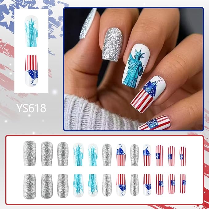 Independence Day Press on Nails Medium Square Fake Nails with Red Blue American Flag Design Glitter False Nails Statue of Liberty Glue on Nails 4th of July Acrylic Nails for Women Girls Manicure 24Pcs
