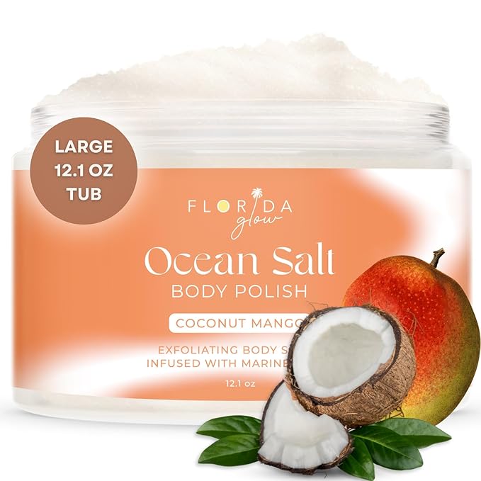 Sea Salt Body Scrub by Florida Suncare - Ocean Salt Body Polish Infused with Marine Algae - Exfoliating Face and Body Scrub - Facial Scrub Exfoliator to Tackle Acne (Coconut Mango, 12.1 oz)-VivaGrace Women