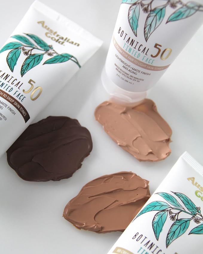 Australian Gold Botanical SPF 50 Tinted Mineral Sunscreen for Face, Non-Chemical BB Cream, Water-Resistant, Matte Finish, For Sensitive Facial Skin, Medium to Tan Skin Tones, 3 FL Oz-VivaGrace Women