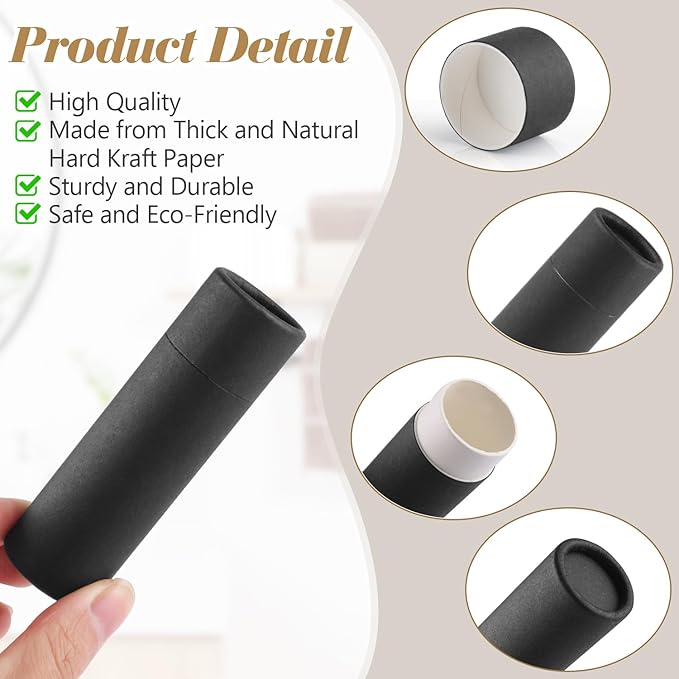 10 Pcs 25g Paperboard Lip Balm Tubes Refillable Krafts Paper Lipstick Tube Round Cardboard Empty Lip Gloss Container Holder Tubes for DIY Chapstick Salve Cosmetic Lotion Solid Perfume - Black-VivaGrace Women