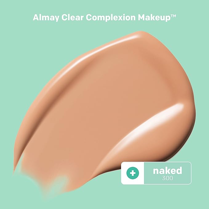 Almay Clear Complexion Acne Foundation Makeup with Salicylic Acid - Lightweight, Medium Coverage, Hypoallergenic, Fragrance-Free, for Sensitive Skin, 300 Naked, 1 fl oz.-VivaGrace Women