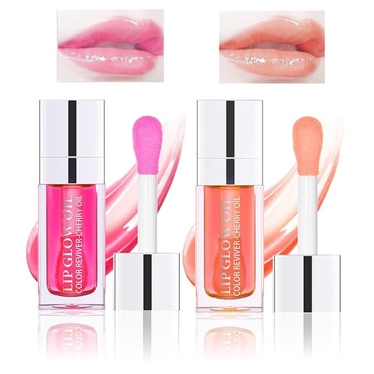 2PCS Lip Oil Set, Hydrating Lip Glow Oil Lip Plumper Gloss, Tinted Lip Oils Transparent Long Lasting Non-sticky Lip Gloss, Plumping Lip Gloss Lip Care Kit (Raspberry & Pink)-VivaGrace Women