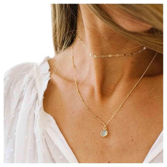 Boho Layered Opal Moonstone Necklace Choker Gold Round Opalite Necklace Clear Quartz Necklace Faceted Crystal Pendant Necklace Chain Jewelry for Women and Girls-VivaGrace Women