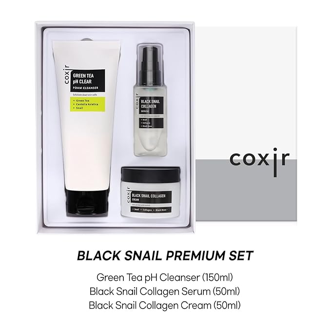coxir BLACK SNAIL GIFT SET /Gift Set Birthday present /Foam Cleanser+Serum+Cream/Black Rice, Bean, Sesame, Snail Mucin, Collagen, Peptide l Repairing&Firming l Korean Skin Care-VivaGrace Women