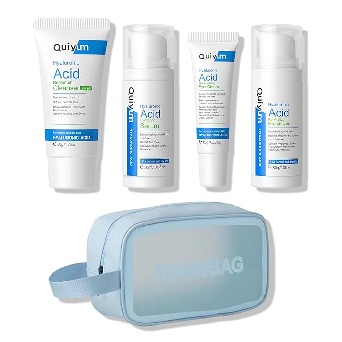 Skin Care Set, Hyaluronic Acid Travel Size Skincare Set W/ Low pH Cleanser, Moisturizer, Serum, Eye Cream, Toiletry Bag, Face Care Set Gift for Women Girls, Hydrating Anti Aging for Dry Skin-VivaGrace Women
