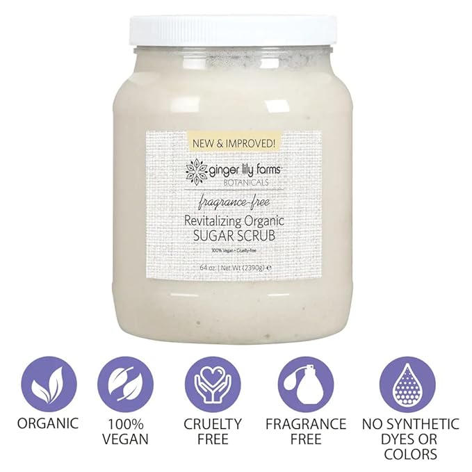 Ginger Lily Farms Botanicals Revitalizing Organic Sugar Scrub, All-Natural Skin Exfoliating Sugar Crystals, 100% Vegan & Cruelty-Free, Fragrance-Free, 64 oz.-VivaGrace Women