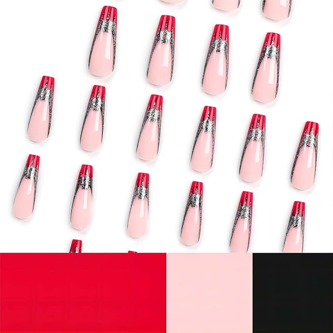Long Press on Coffin Fake Nails with Glue - French Red Tip Acrylic False Nails with Glitter Bat Designs - Pink Full Cover Artificial Press Ons Bling Stick on for Women