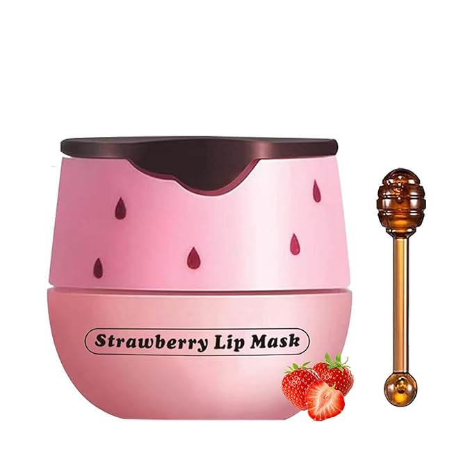 1 PCS Bee Lip Balm Lip Mask Honey Pot, Strawberry Moisturizing Sleeping Lip Mask Overnight with Sticks, Lip Balm Honey Pot Lip Balm Hydrating Prevention Dry and Crack Lip Scrubs Exfoliator-VivaGrace Women