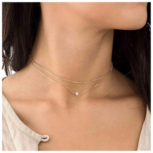 Boho Layered Pearl Choker Necklace Gold Pearl Pendant Necklace Tiny Dot Layering Necklace Vintage Necklace Chain Jewelry for Women and Girls Gifts-VivaGrace Women