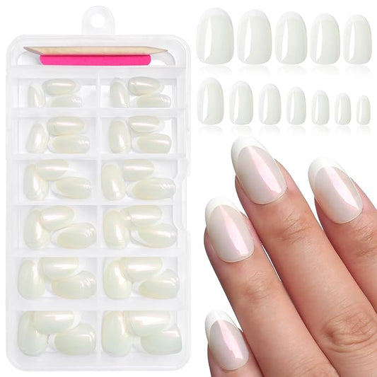 AddFavor French Tip Press on Nails Short Oval Fake Nails, 120pcs Glitter White French Tips Nails Press on Almond Nude False Acrylic Nails for Women and Girls