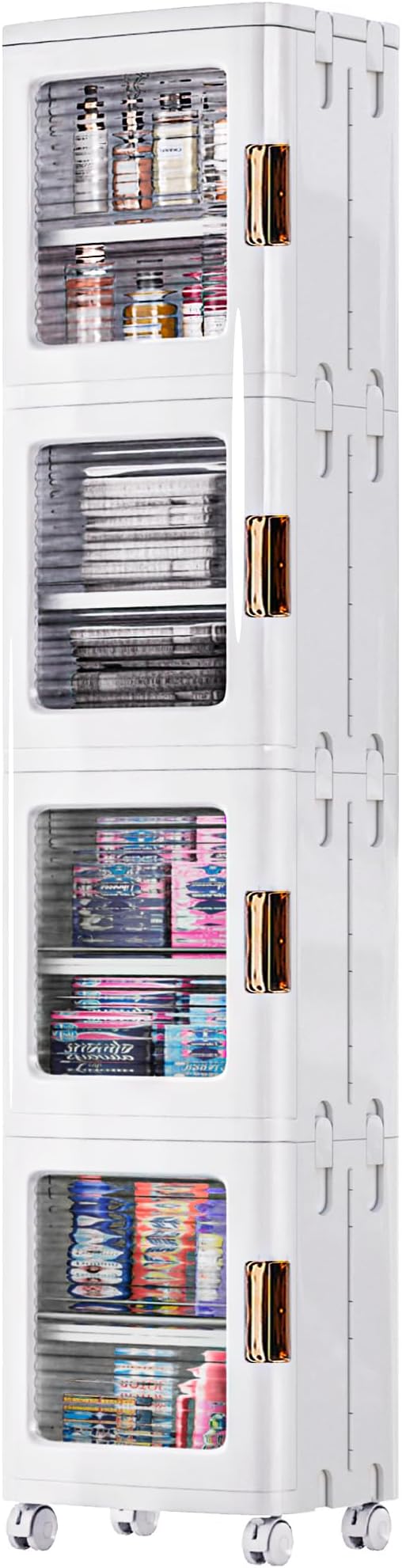 VECELO 4-Tier Plastic Tall Narrow Storage Cabinet with Movable Wheels, Adjustable Shelves, Magnetic Doors, Slim Bathroom Organizers and Storage for Small Space, Bathroom, Kitchen, Laundry, White-VivaGrace Women