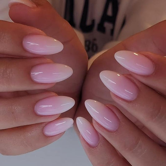 Pink Gradient Press on Nails Medium Almond Fake Nails with White Ombre Design False Nails Glossy Glue on Nails Artificial Acrylic Stick on Nails for Women Girls Manicure 24pcs, Style010