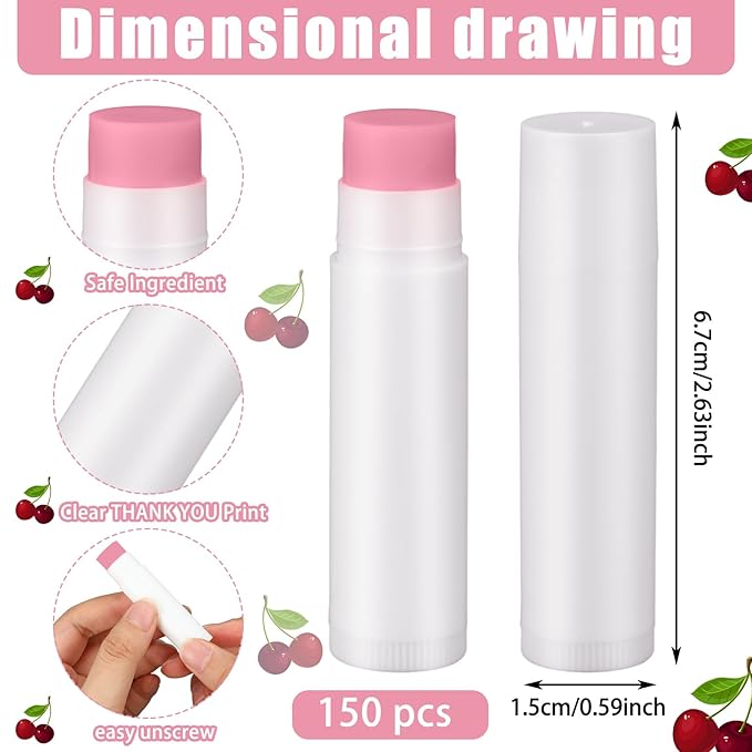 Demissle 150 Pcs Unlabeled Lip Balm Bulk Chapped Stick Blank Mini Lip Balm Gifts Moisturizing Lip Balms Favors for Women Homeless Wedding Bridal Shower Favors Baby Shower Guests Favors(Cherry)-VivaGrace Women