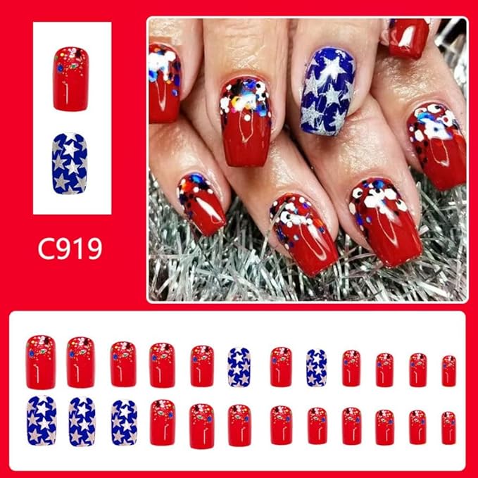 Independence Day Press on Nails Short Square Fake Nails with Glitter Star Design Glossy Red Blue False Nails Summer Stick on Nails Full Cover 4th of July Acrylic Nails for Women Girls Manicure 24Pcs