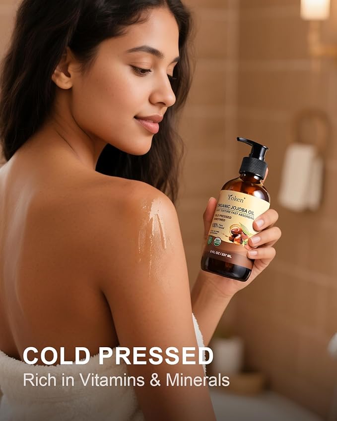 Yoken Organic Jojoba Oil Glass Bottle 8 fl oz, USDA Certified 100% Pure & Natural Jojoba Oil for Hair, Skin & Face, Cold Pressed Unrefined Hexane Free, Deeply Moisturizing Body Serum Oils for Gua Sha-VivaGrace Women